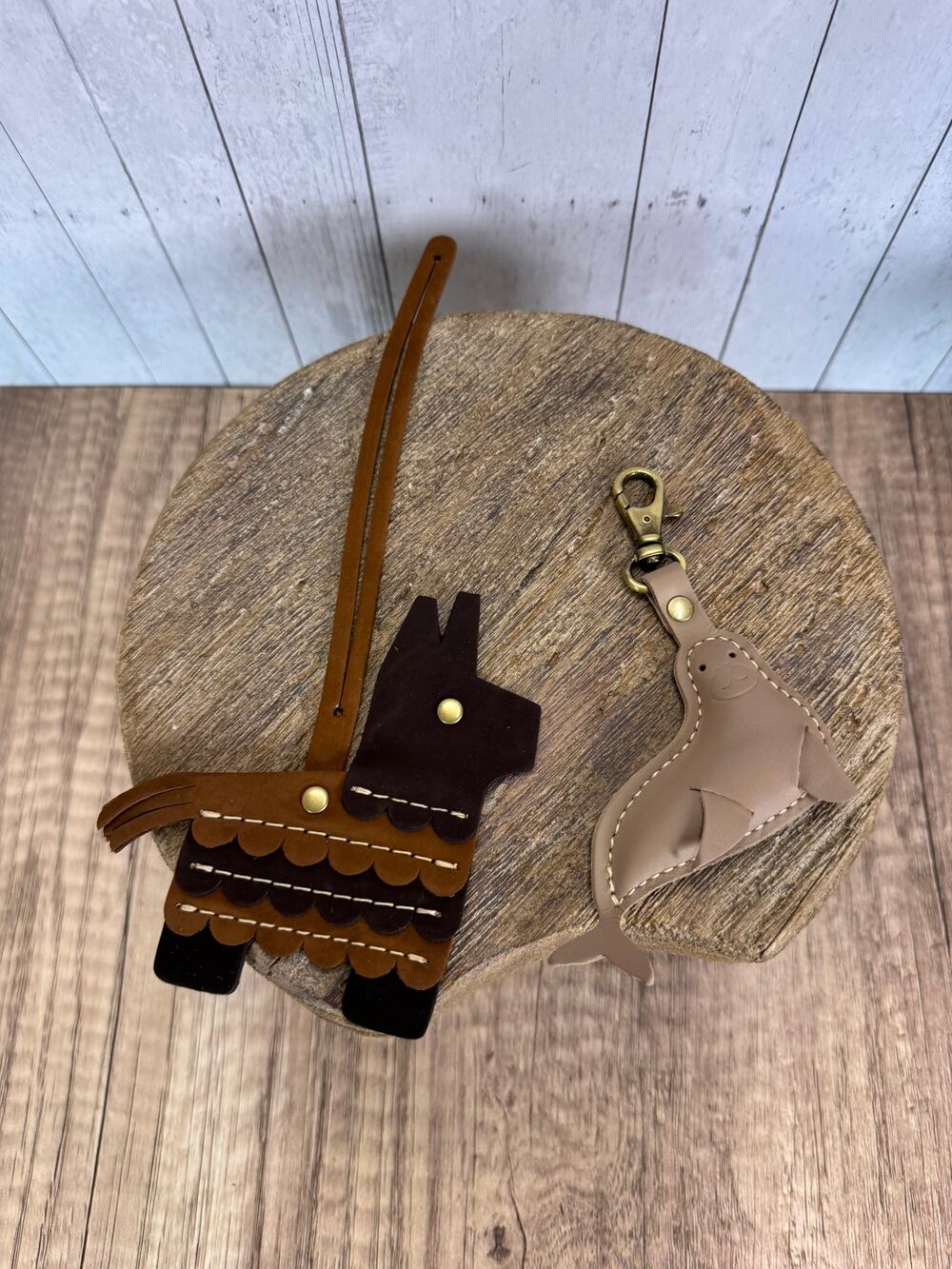 Set of 2 Portland Leather Charms Seal Purse Charm Velvet Brown Pinata Bag Charm